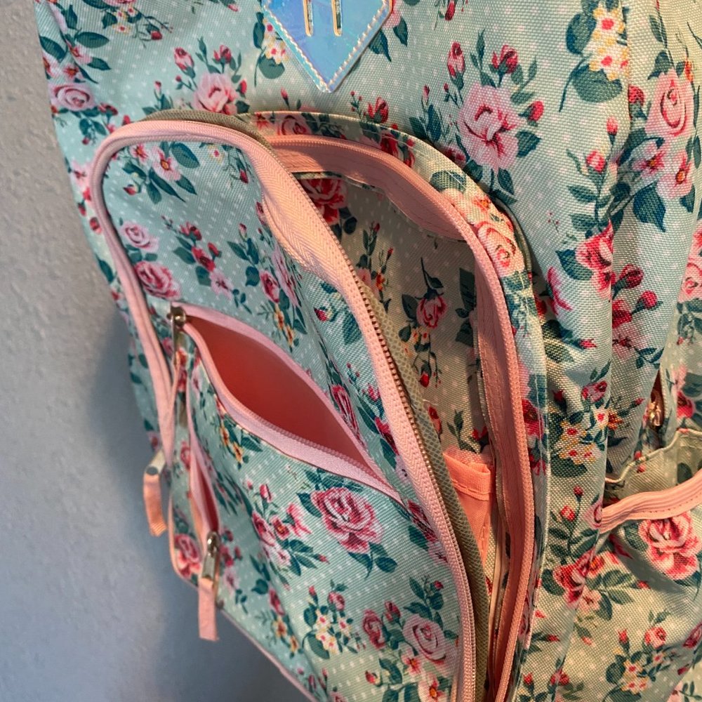 Light Blue Floral Pink Roses Backpack - Picture 4 of 8